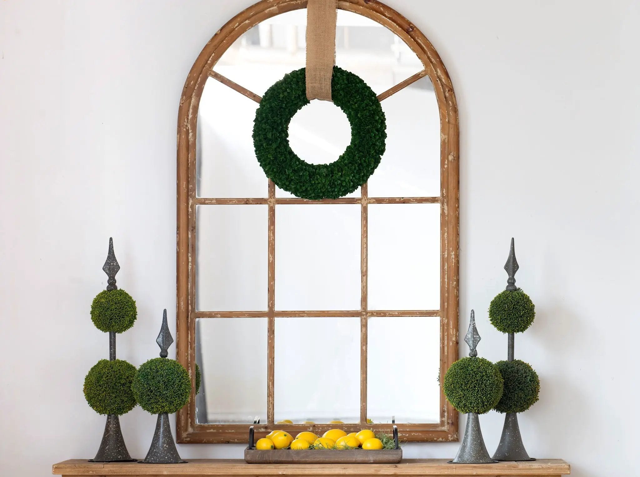 Large Arched Accent Mirror With Frame With Decorative Window Look Classic Architecture Style Solid Fir Wood Interior Decor - Brown by HouseOfZazla