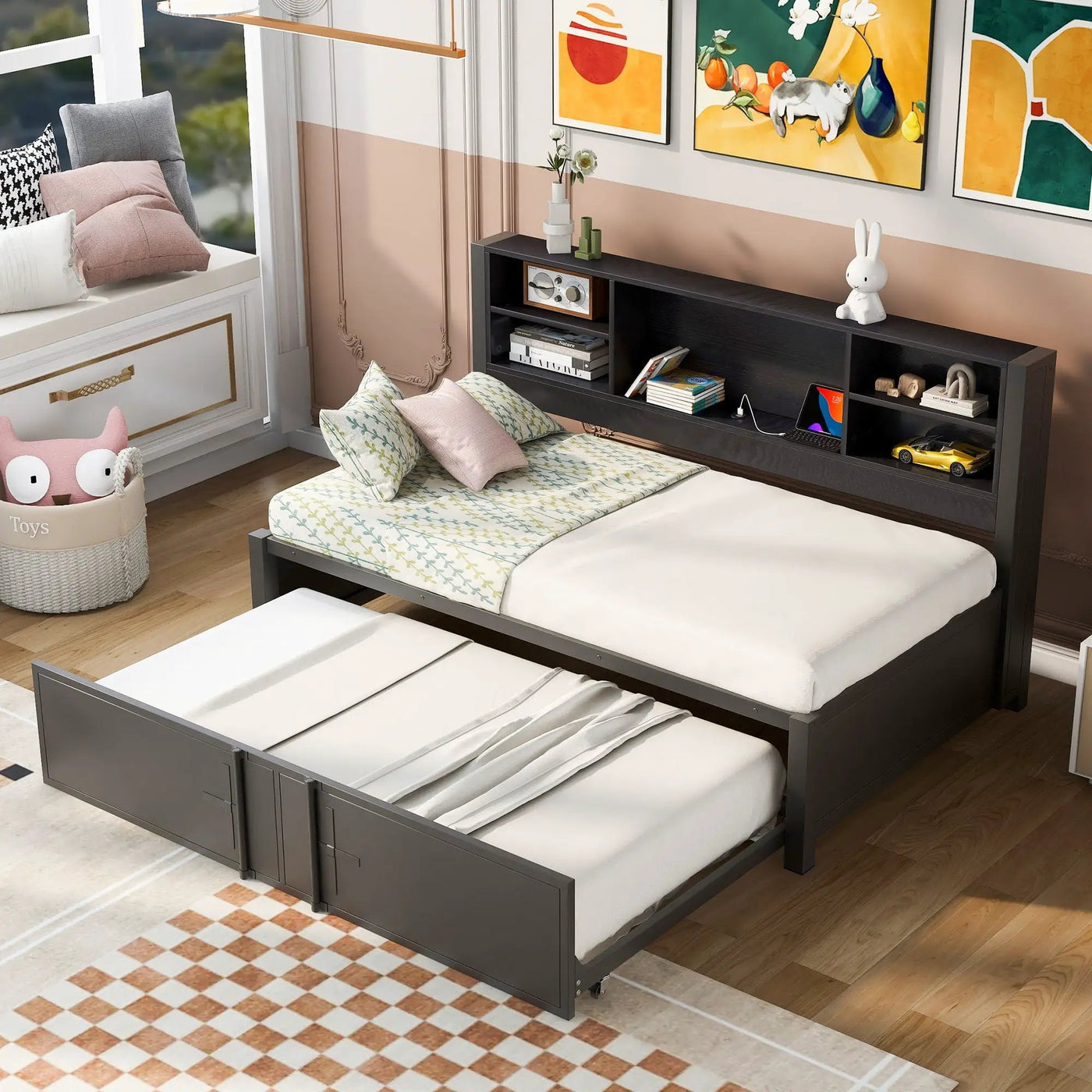 Industrial Metal Daybed With Trundle, Storage Shelves, USB Ports by Unique Piece Furniture