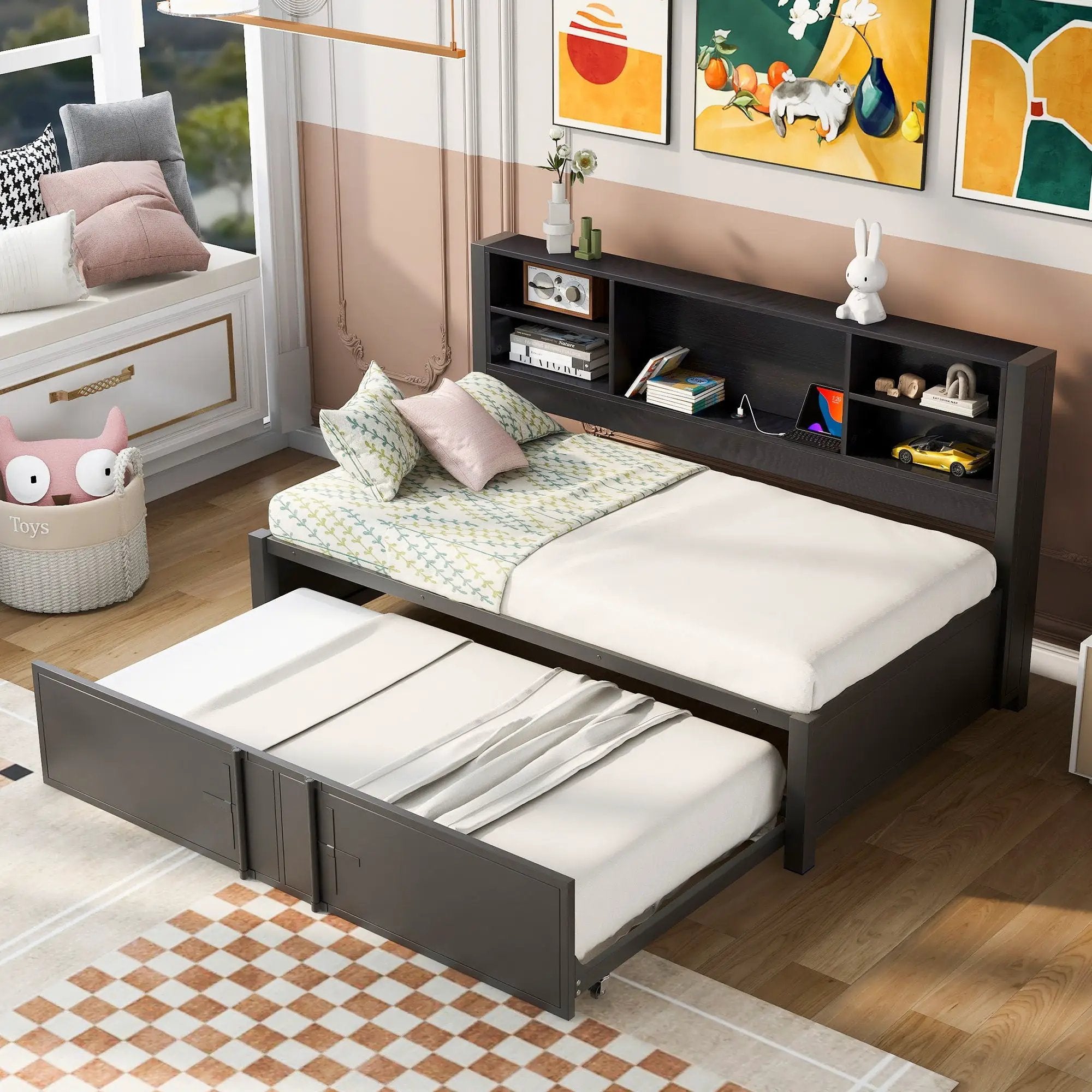 Industrial Metal Daybed With Trundle, Storage Shelves, USB Ports by Unique Piece Furniture