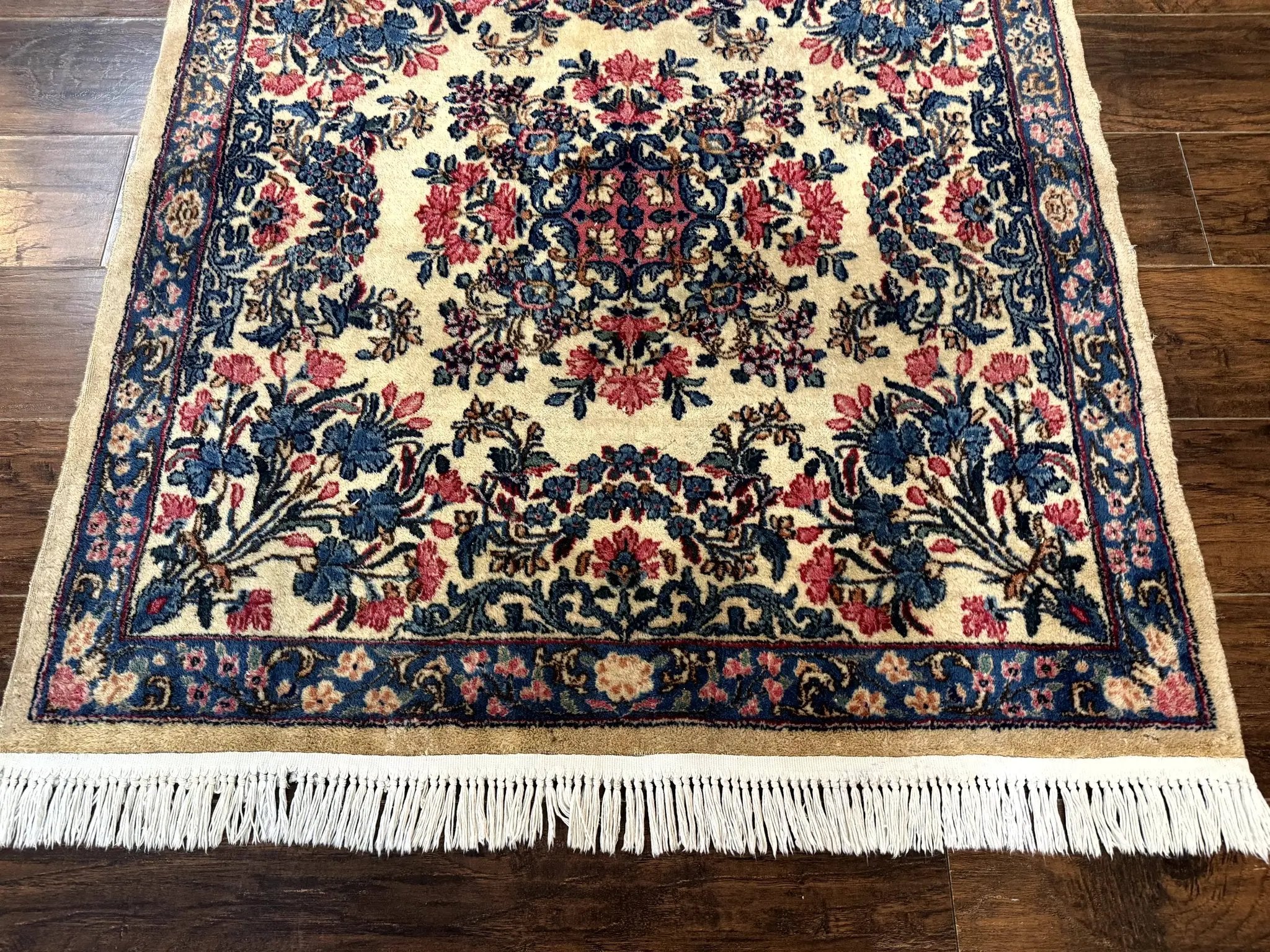 Square Persian Kerman Rug 4x4, Ivory Blue Pink, Handmade, Fine 225 KPSI by Jewel Rugs
