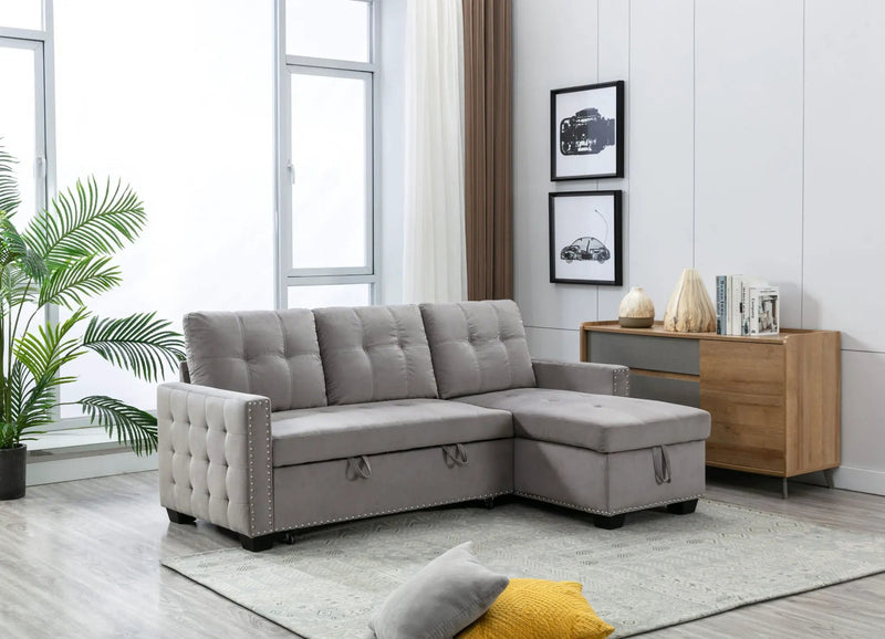 Reversible Sectional Storage Sleeper Sofa Bed, L-Shape 2 Seat Sectional Chaise With Storage, Skin-Feeling Fabric by HouseOfZazla