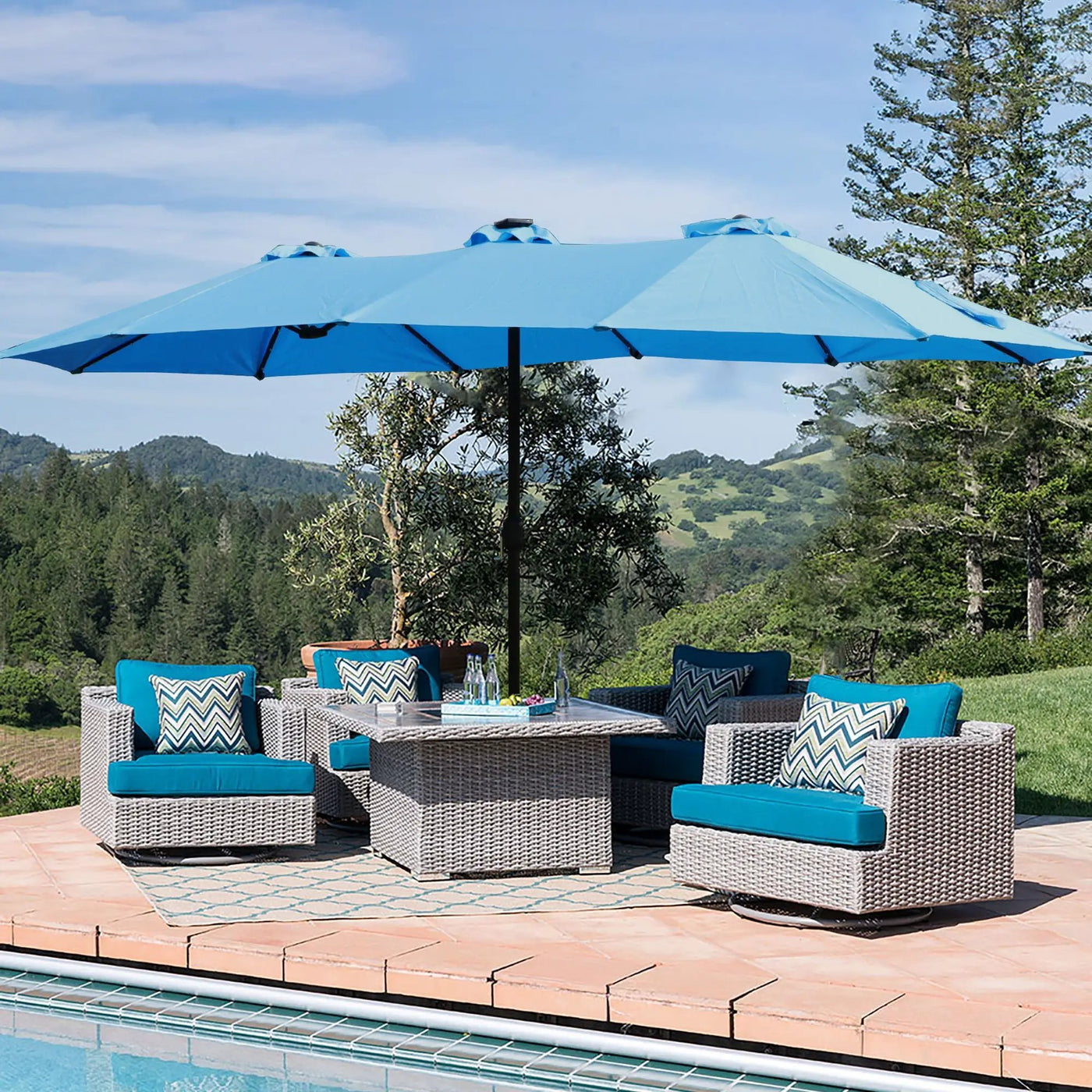 Double- Sided Outdoor Market Umbrella With Lights And Base by Unique Piece Furniture