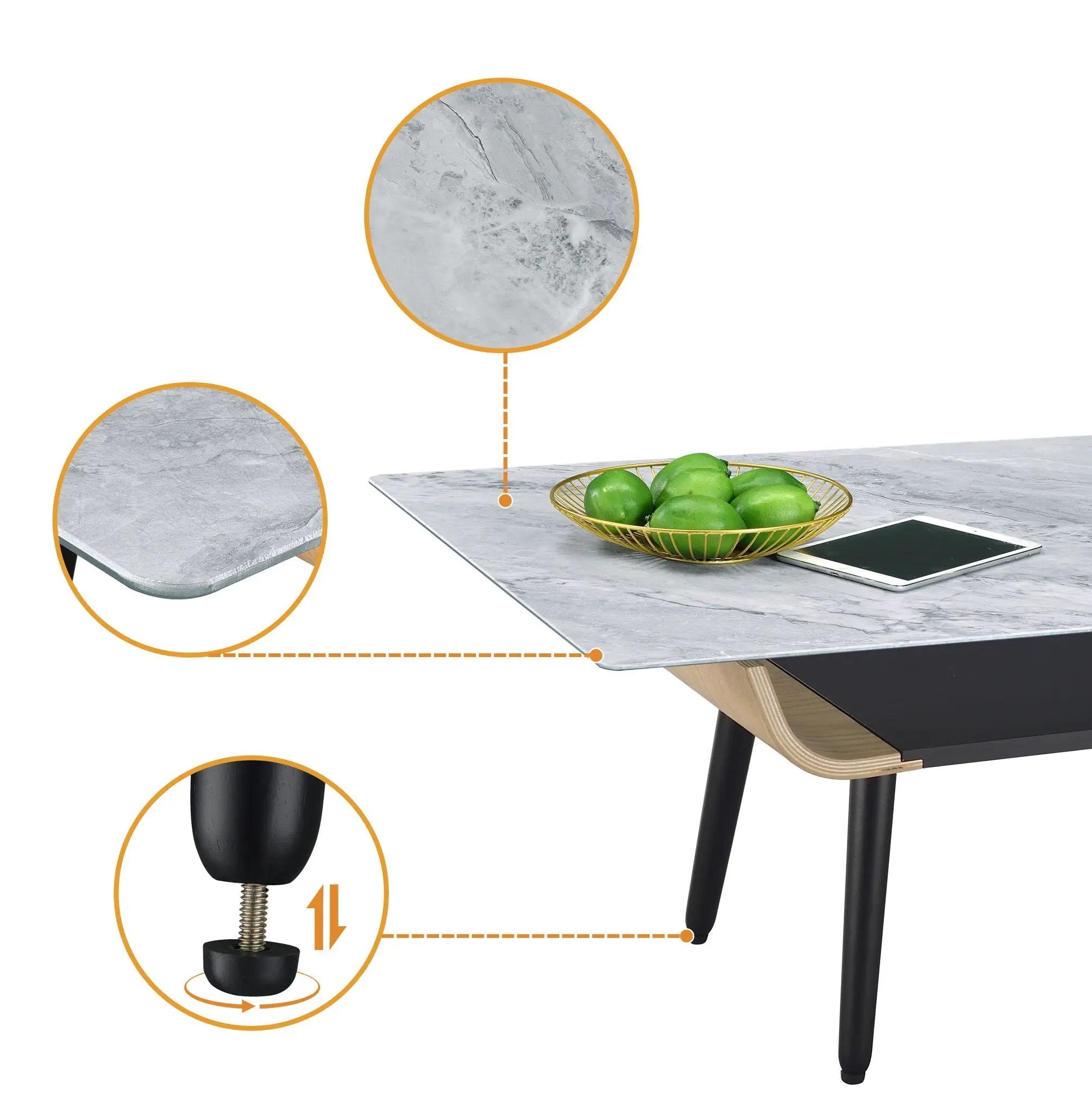 Landon - Coffee Table With Glass Marble Texture Top And Bent Wood Design by Unique Piece Furniture