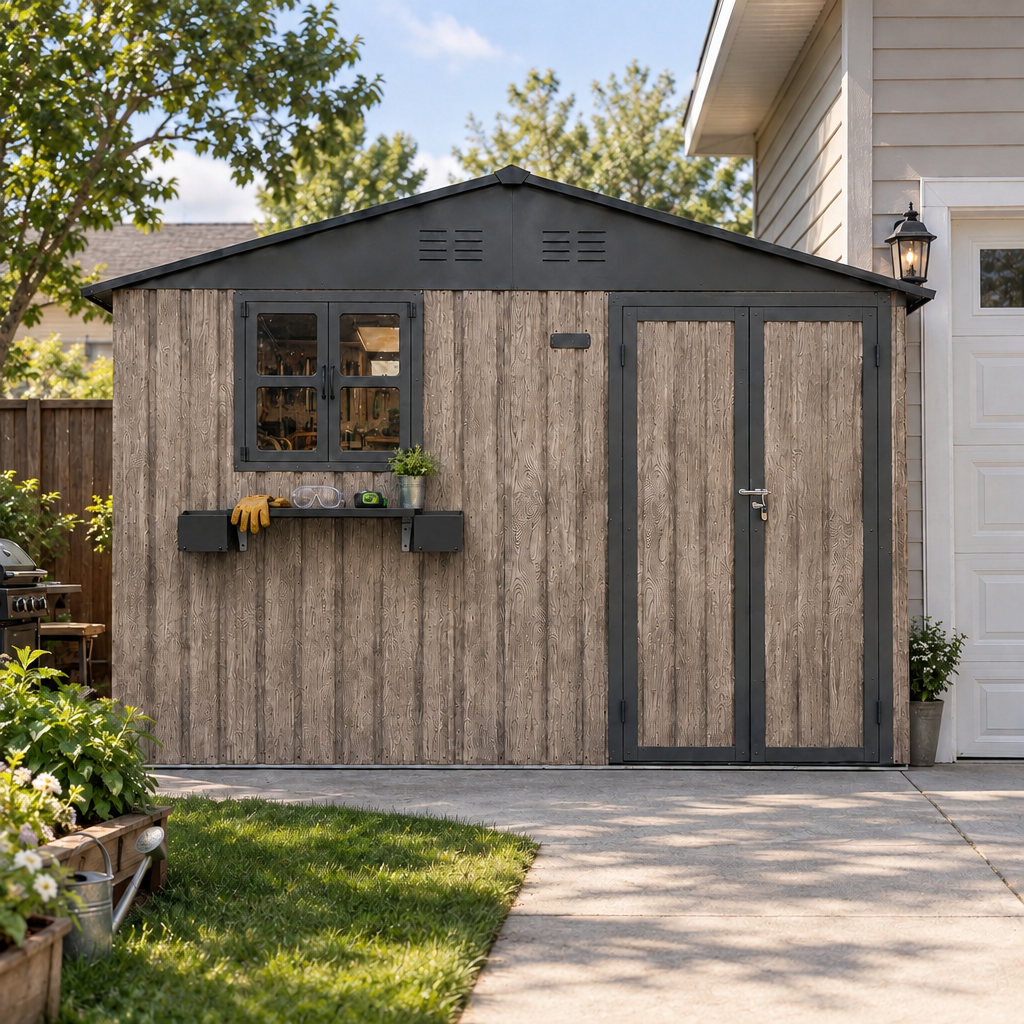 10x8 FT Outdoor Metal Storage Shed with Window & Flower Rack, Lockable Double Doors Tool Shed, Waterproof Weatherproof Garden Shed for Backyard Patio,Grey+Black., photo 6 of 9