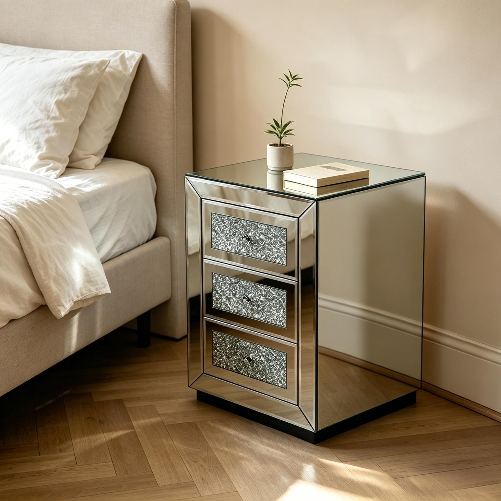 3 Drawer Nightstand With Glass Accents, Bedside Table For Bedroom - Silver by HouseOfZazla