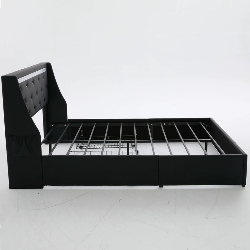 Wingback Upholstered Bed Frame With LED Lights, Charging Station by HouseOfZazla