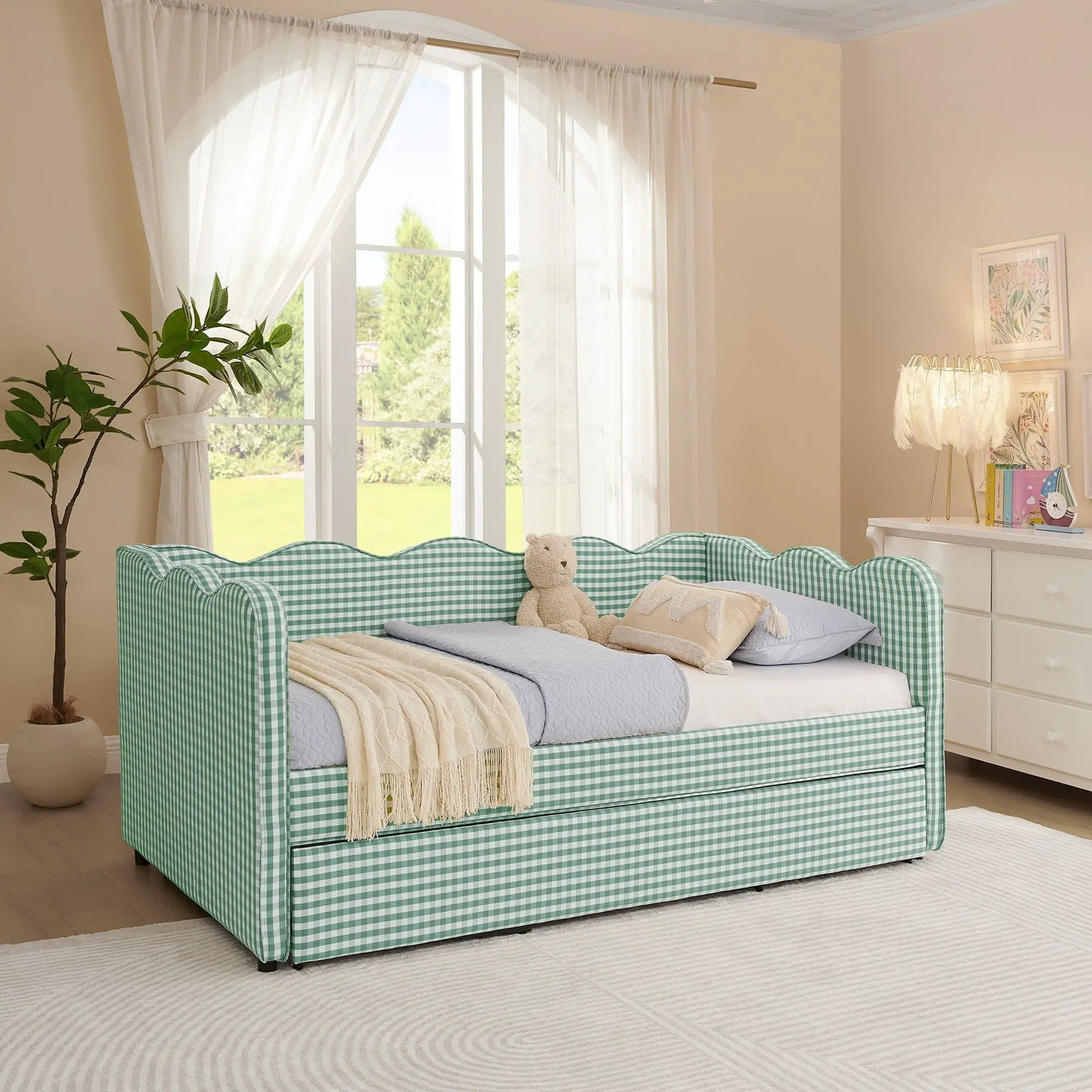 Gingham Daybed With USB Charging Port, Wave Shaped Design by HouseOfZazla