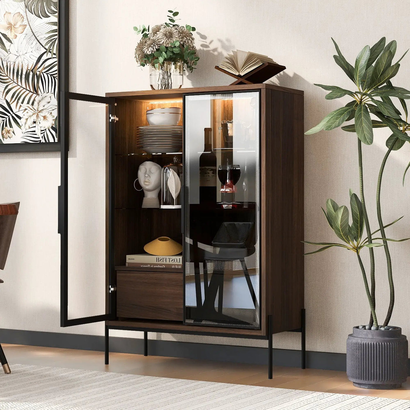 Modern Minimalist Style LED Curio Cabinet With Tempered Glass Door, Metal Legs by HouseOfZazla