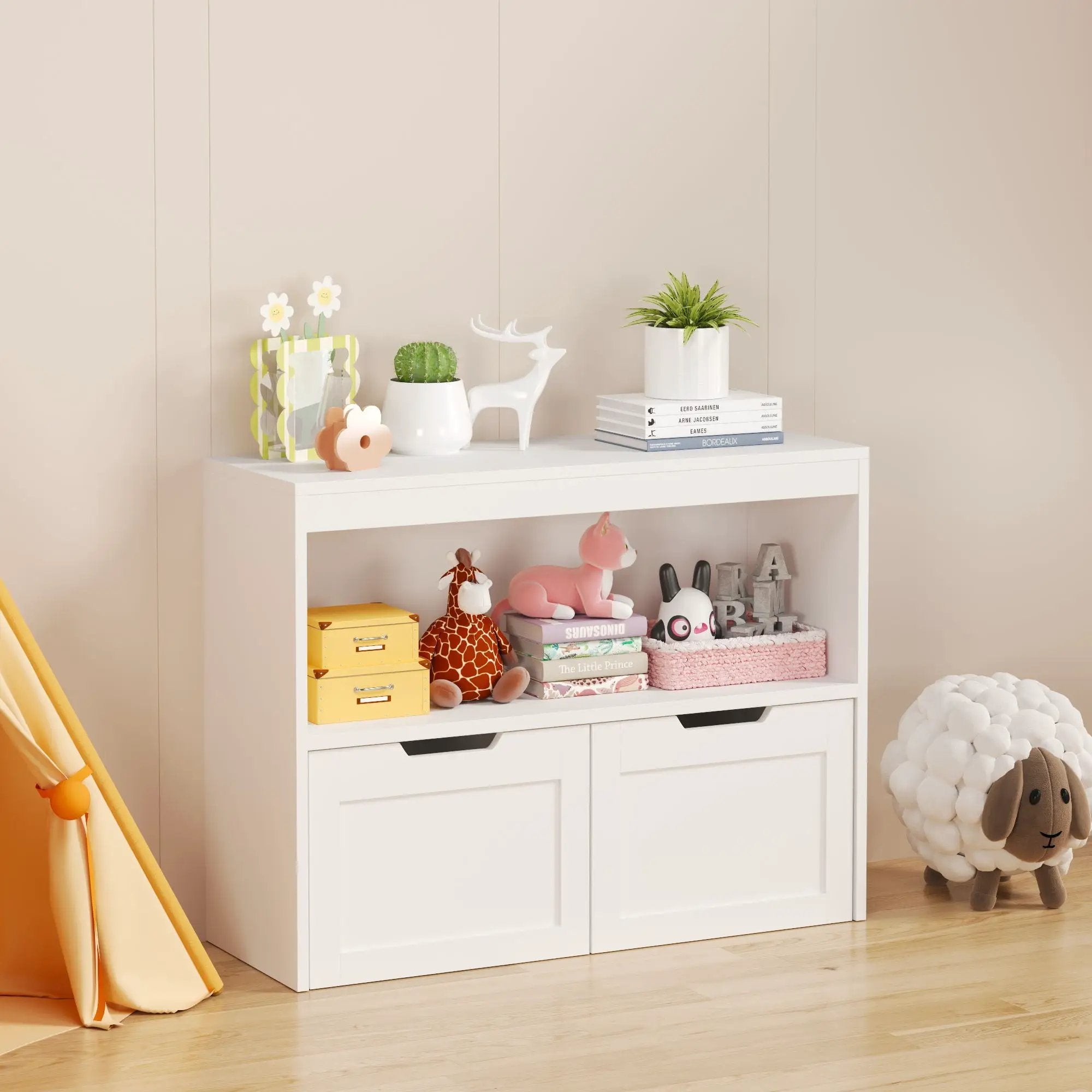 Book Organizer With Large Drawers And Open Shelves, Toy Storage Cabinet With Removable Wheels And Rounded Edges - White by Unique Piece Furniture