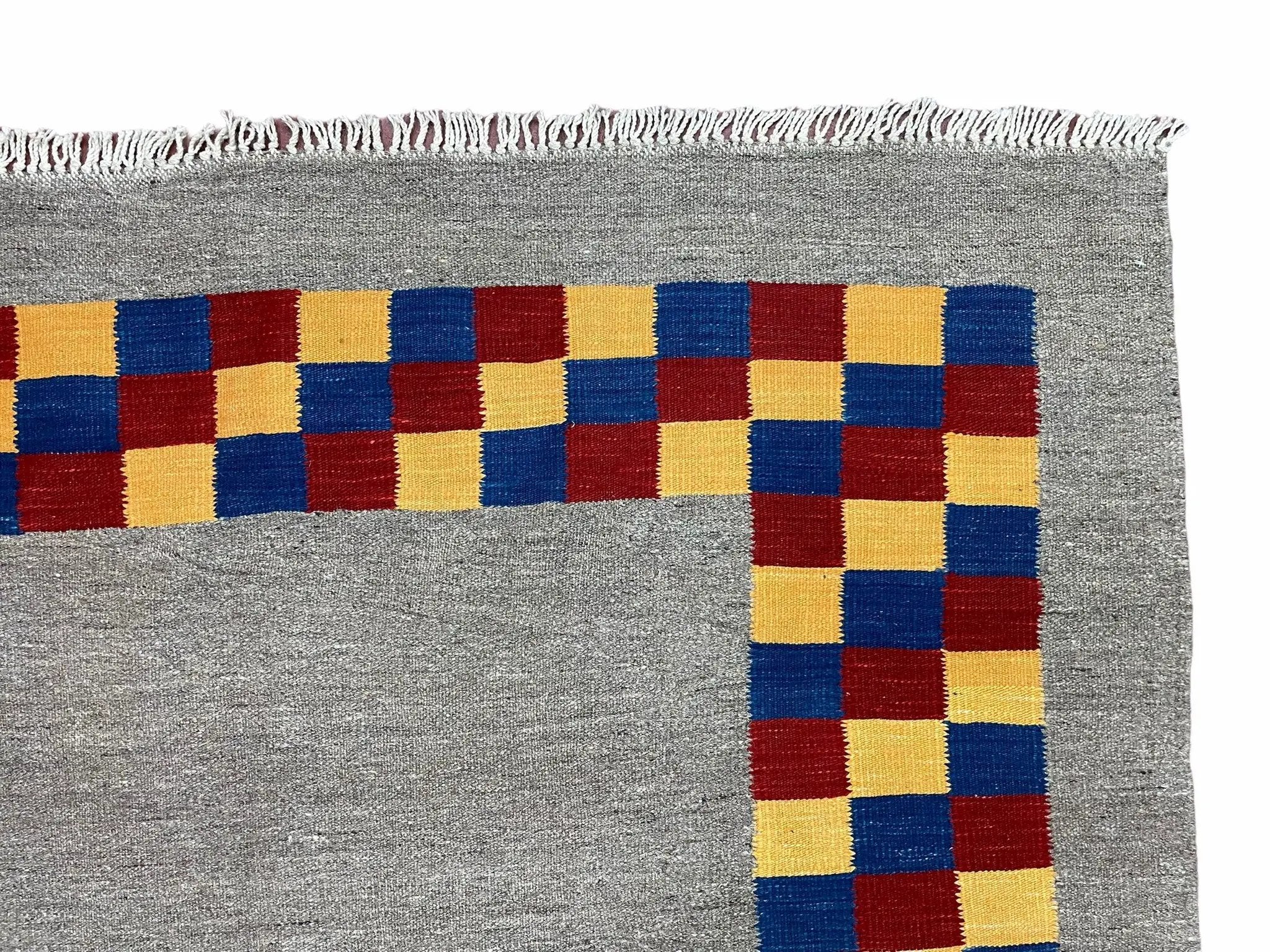 Gray Kilim Carpet, Yellow, Red, Blue Checkerboard Pattern, Flatweave, New, Geometric, Hand-Knotted, Wool, Turkish Area Rug, 5' 9" x 7' 9" by Jewel Rugs