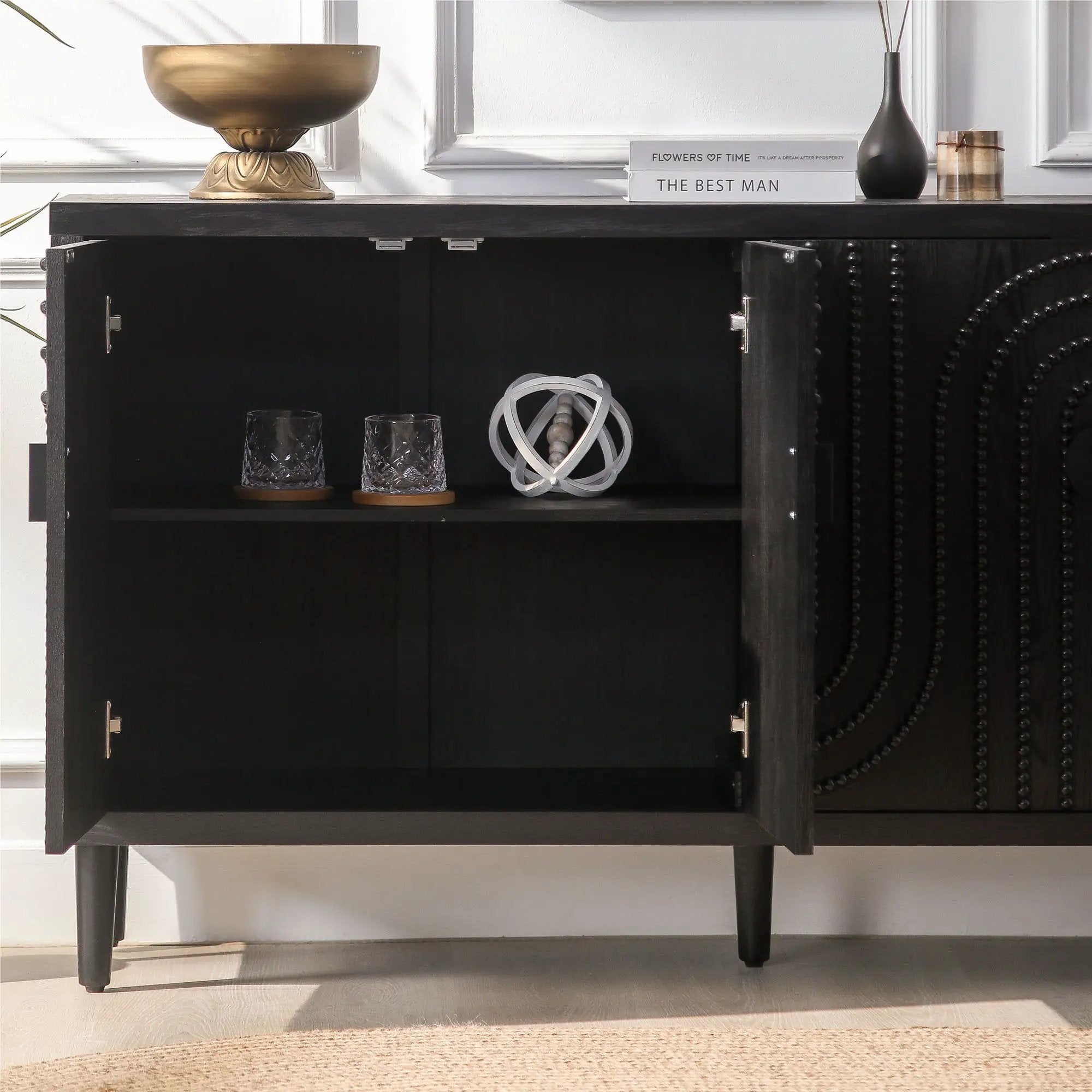 Modern Sideboard Cabinet With Decorative Nailhead Accents, Stylish Storage Solution For Dining, Living Rooms - Black by Unique Piece Furniture