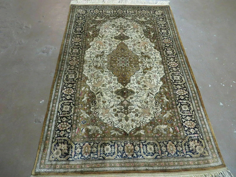 Handmade Silk Rug 3x5, Vintage Antique Silk Carpet, Hand-Knotted Oriental Rug 3 x 5, Animal Motifs, Deer Birds, One-Of-A-Kind by Jewel Rugs