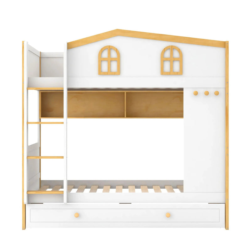Bunk Bed With House Shaped Guardrails, Storage Shelves, And Trundle by HouseOfZazla