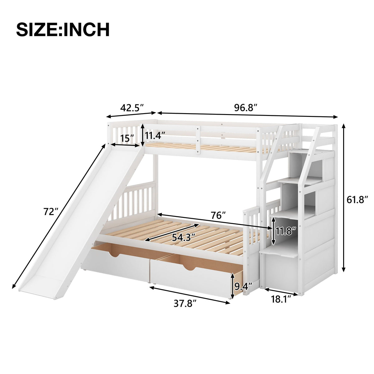 Bunk Bed With Storage Staircase, Slide, Desk, Drawers, And Shelves, photo 11 of 14
