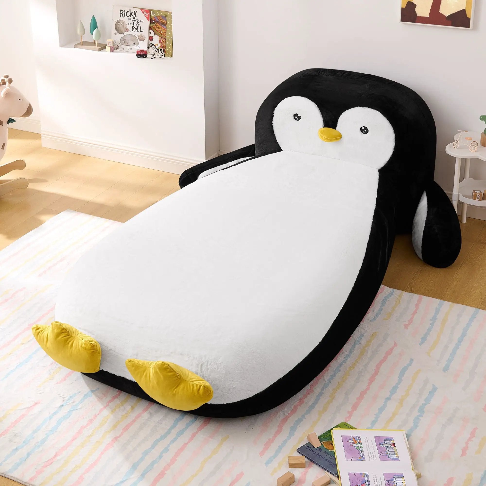 Twin Size Penguin Shaped Bed, Lounger Chair For Kids Bedroom - White / Black by Unique Piece Furniture