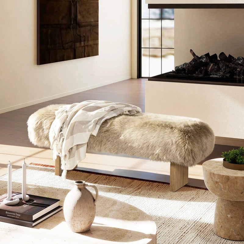 Leda - Sheepskin Fur Rectangular Accent Bench - Natural Blonde by HouseOfZazla