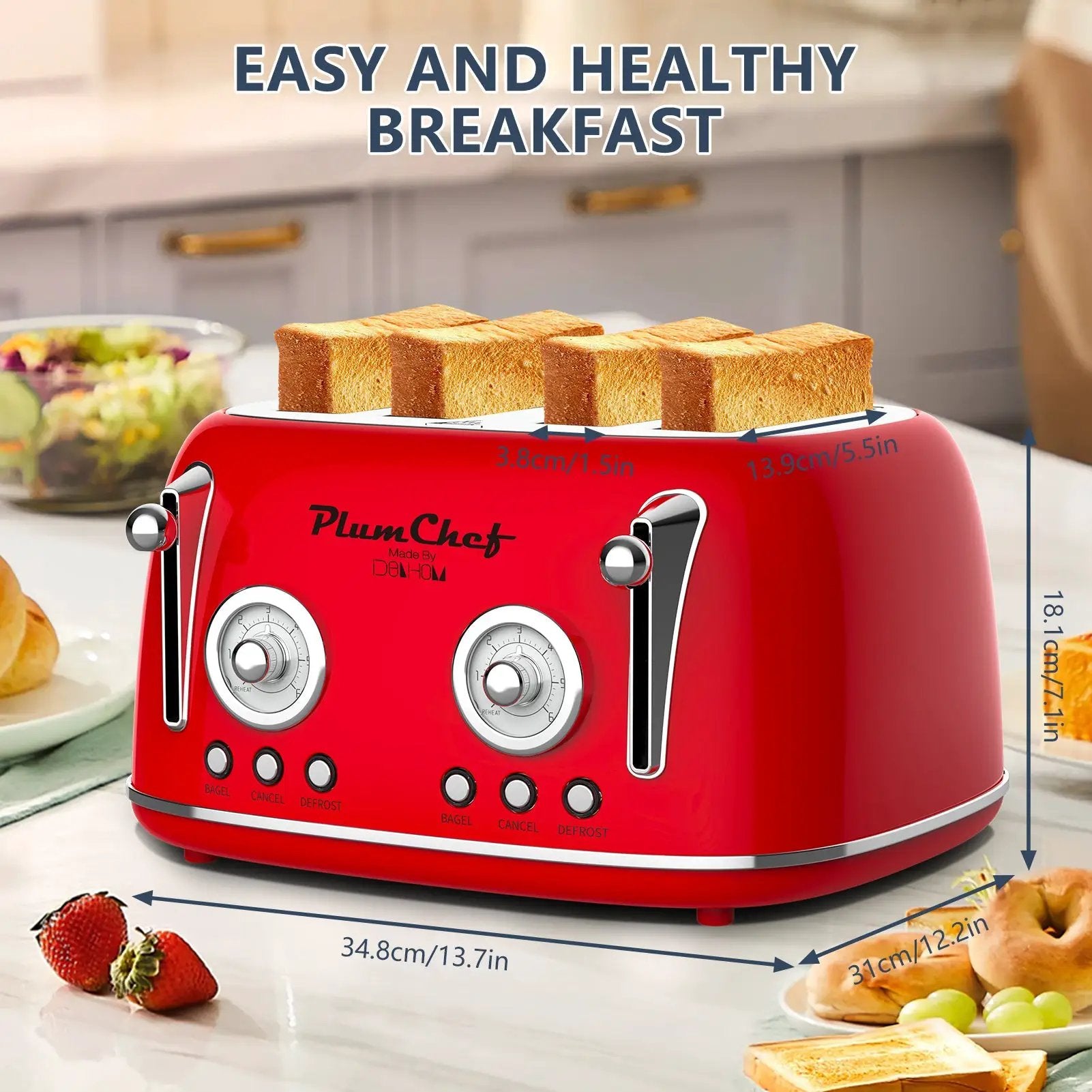 4 Slice Retro Style Toaster, Dual Control, 6 Browning Settings by HouseOfZazla