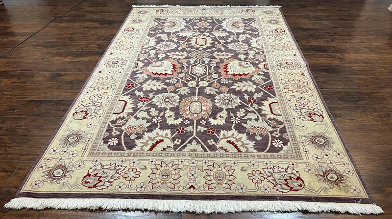 Vintage Indo Mahal Area Rug 6x9, Indian Persian Oriental Carpet 6 x 9, Puce Eggplant Tan Beige Rug, Hand-Knotted, Large Floral Design Wool by Jewel Rugs