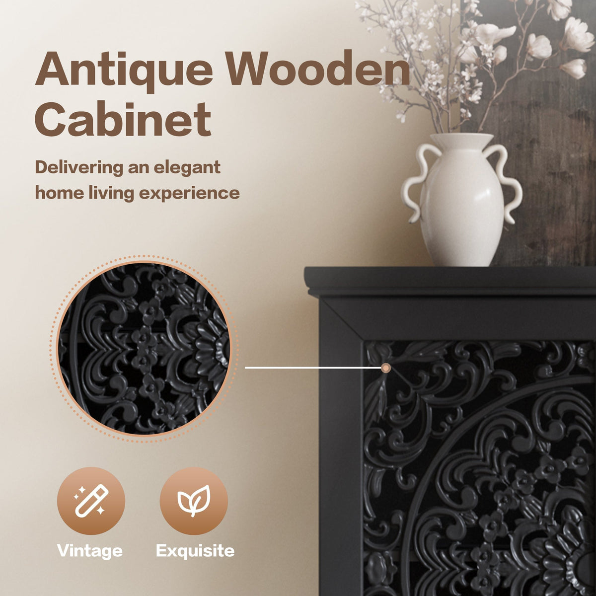 Rustic 55'' Tall Storage Cabinet with Drawer, Decorative 2-Door Carved Wood Accent Cabinet with Solid Wood Legs for Living Room, Hallway, Dining Room, photo 9 of 10