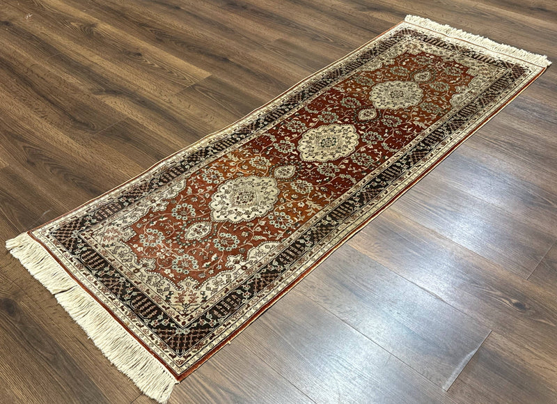 Turkish Silk Narrow Runner Rug 2 x 5.8, Very Fine 340 KPSI, Floral Medallions, Red by Jewel Rugs