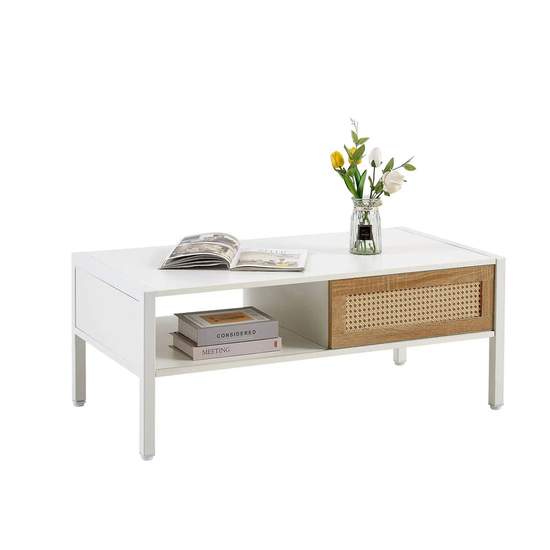 40.16" Rattan Coffee Table, Sliding Door For Storage, Metal Legs, Modern Table For Living Room by Unique Piece Furniture