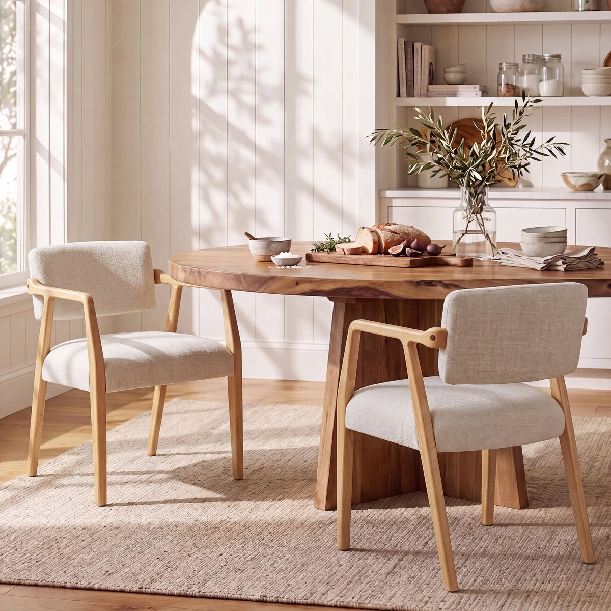Mid-Century Rubber Wood Upholstered Dining Armchair Set of 2 - Beige, photo 2 of 10