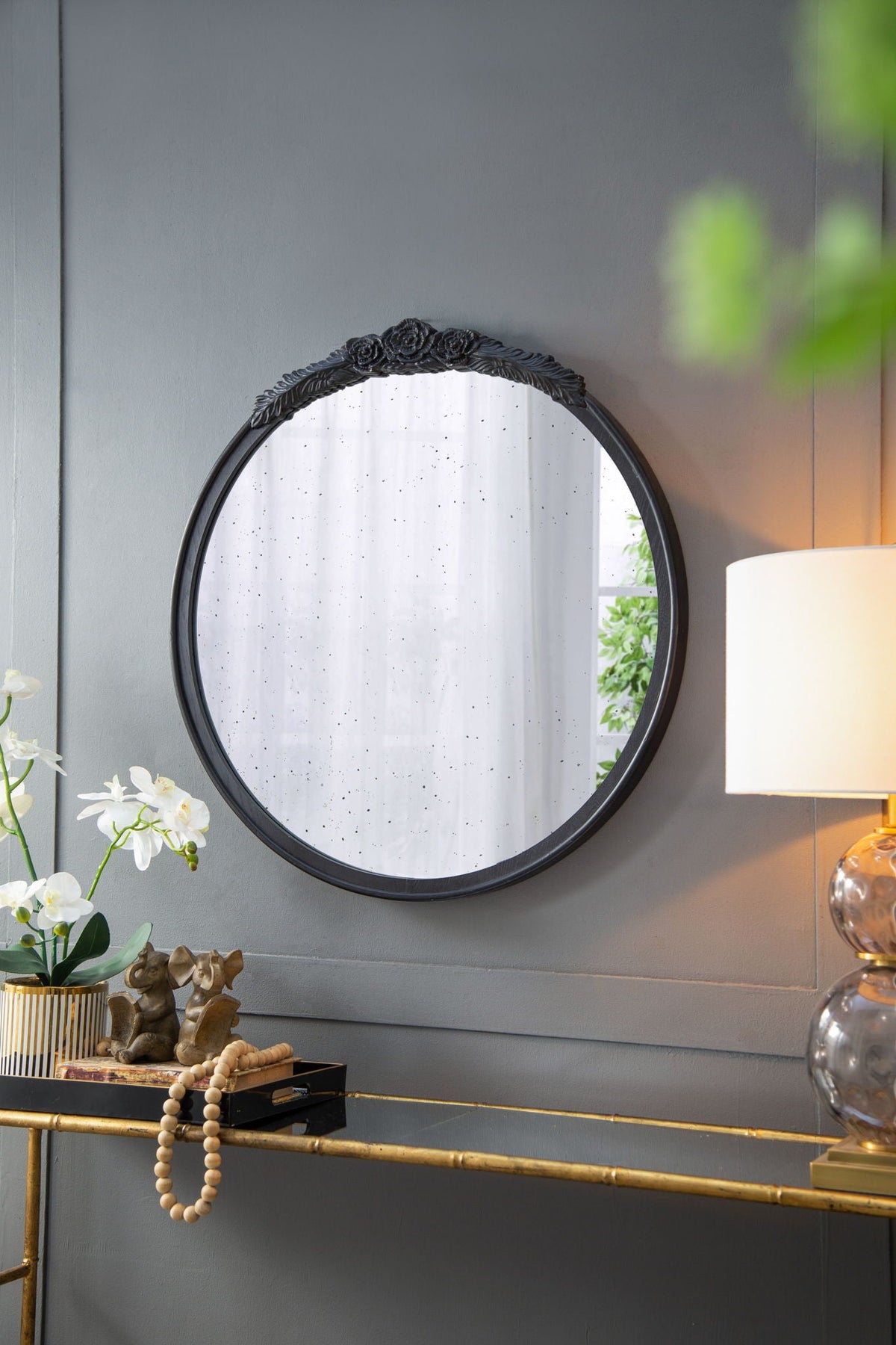 Round Hand Carved Rose Antique Wall Mirror with Intricate Detailing - Light Brown or Black, photo 2 of 22