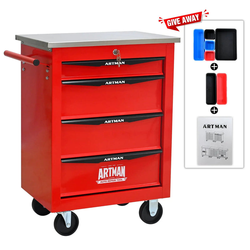 4 Drawers Multifunctional Tool Cart with Wheels, Red & Black by HouseOfZazla
