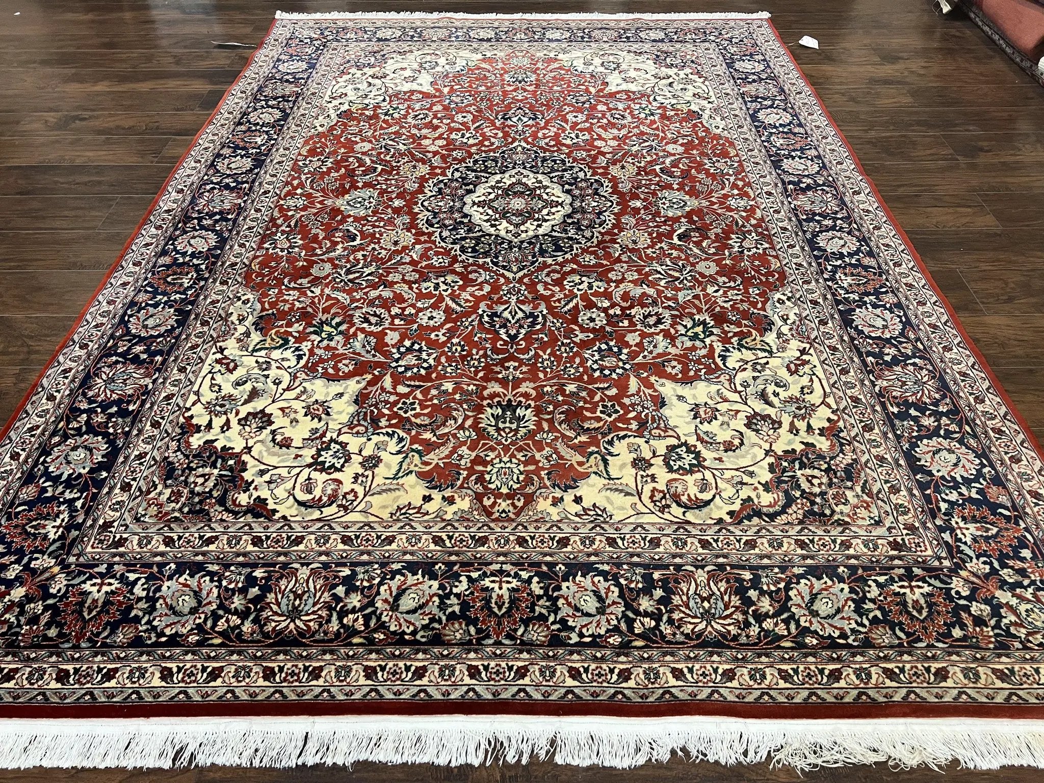Fine Sino Persian Rug 7x10 ft, Floral Central Medallion Oriental Carpet, Red Navy Blue Cream, Hand Knotted Wool Traditional Vintage Rug by Jewel Rugs