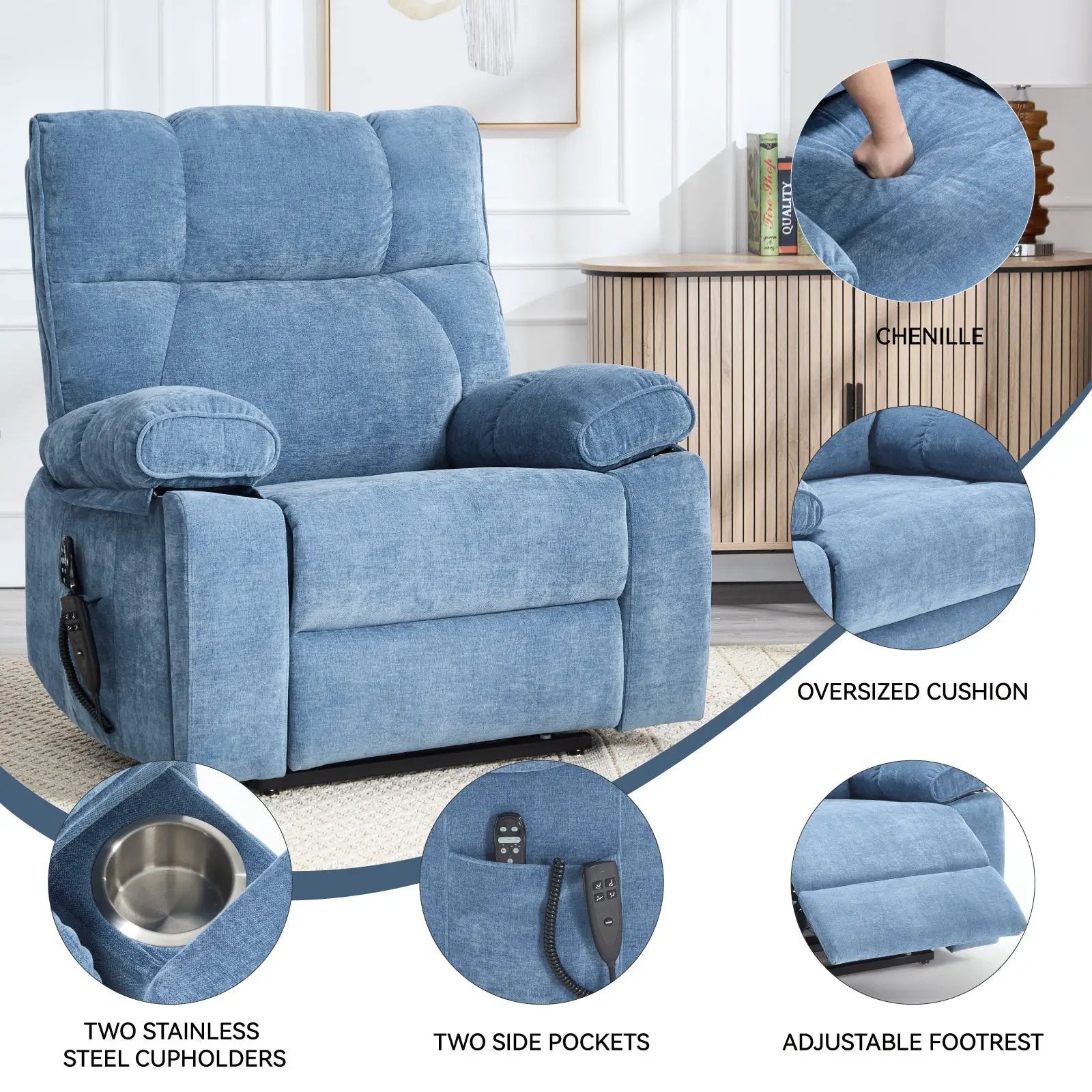 Blue Heat Massage Dual Motor Lift Recliner Chair by HouseOfZazla