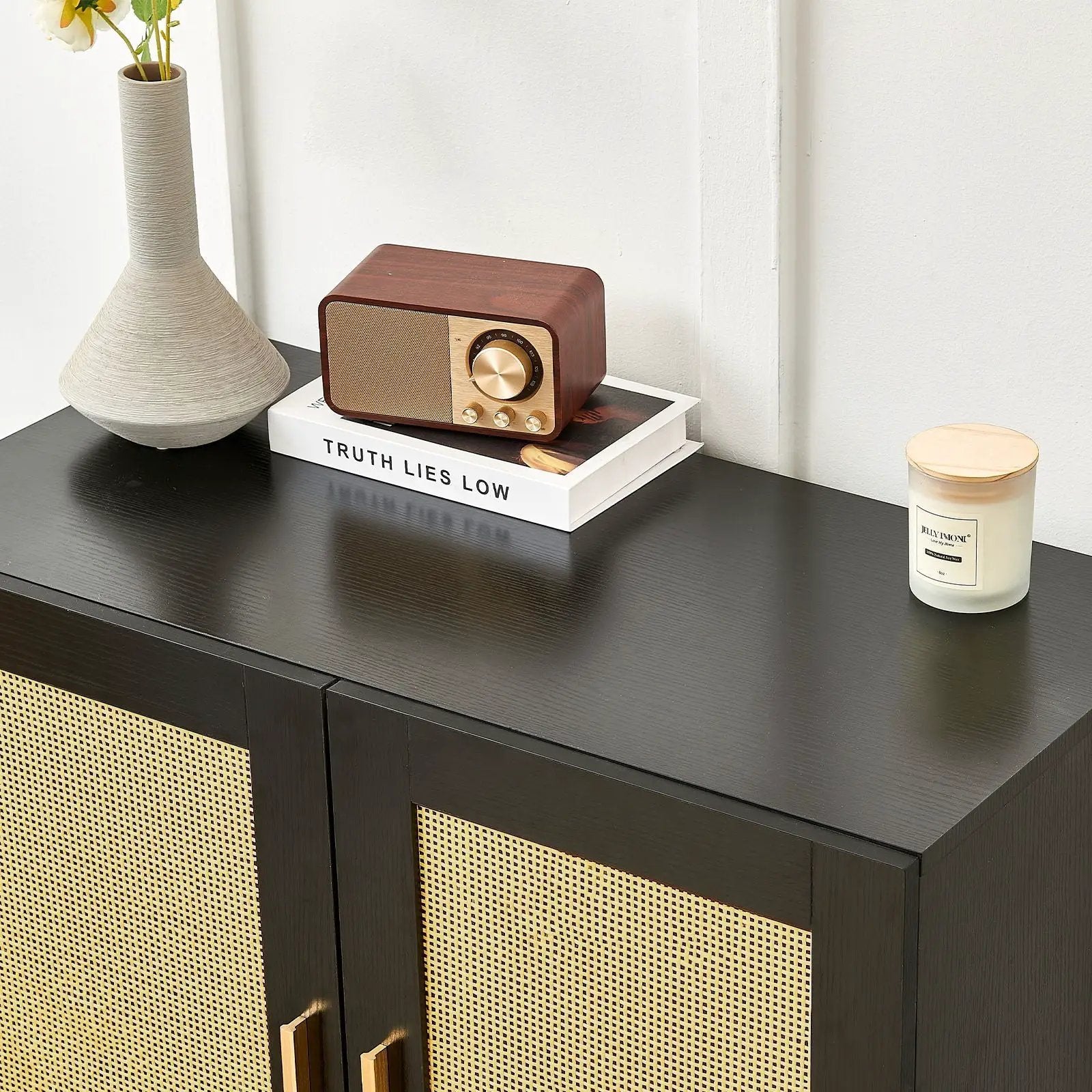 Side Panel Buffet Cabinet With Natural Rattan Door, Rattan Storage Cabinet With Adjustable Shelves, Side Panel And Buffet With Storage Space, Modern Console Cabinet In Bedroom And Living Room - Black / Beige by Unique Piece Furniture