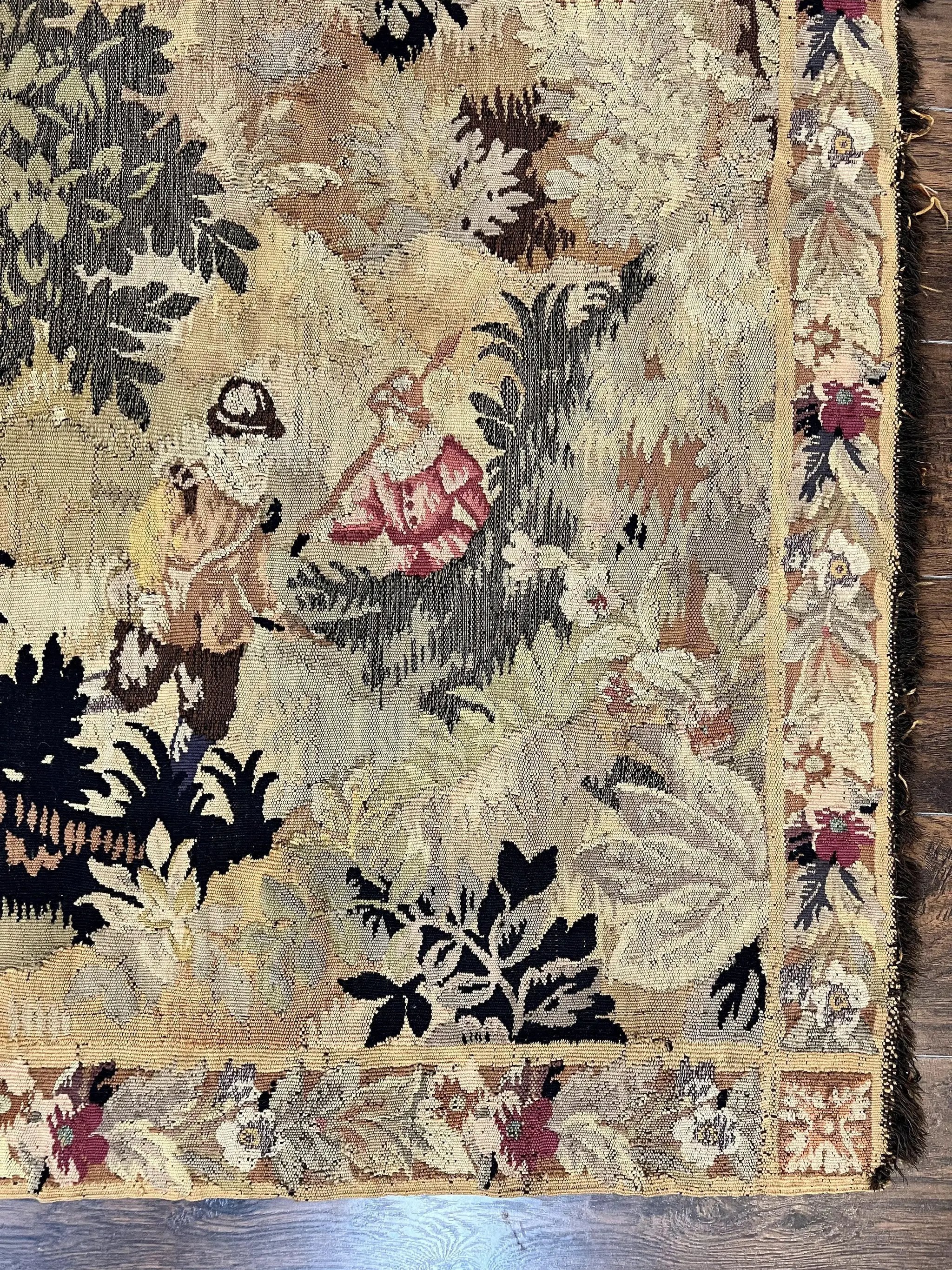 Antique French Tapestry 6x5 ft, European Handmade Wool Aubusson Weave Vintage Tapestry by Jewel Rugs
