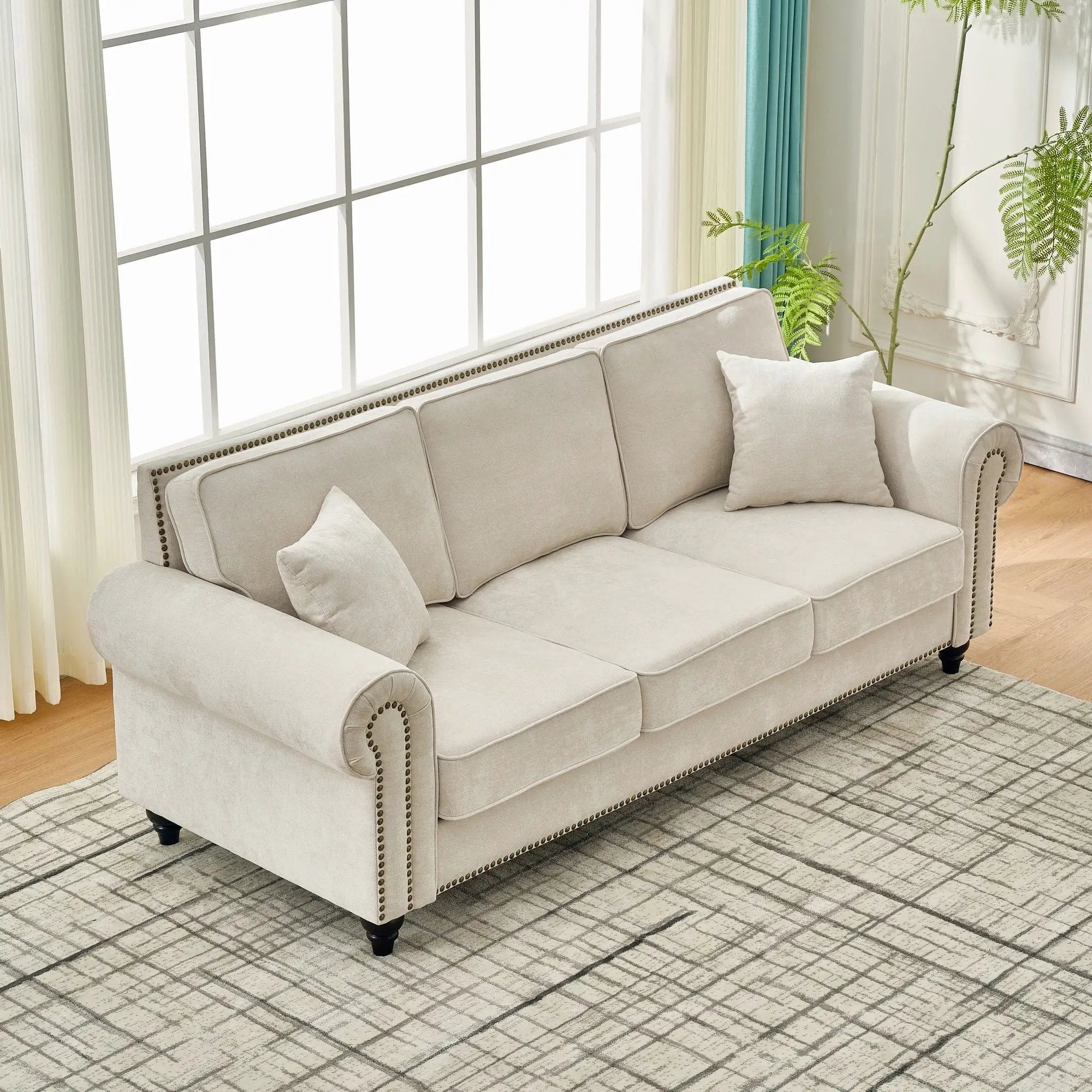 3 Seater Sofa With Tufted Upholstery, Rolled Arms, Nailhead Trim by HouseOfZazla