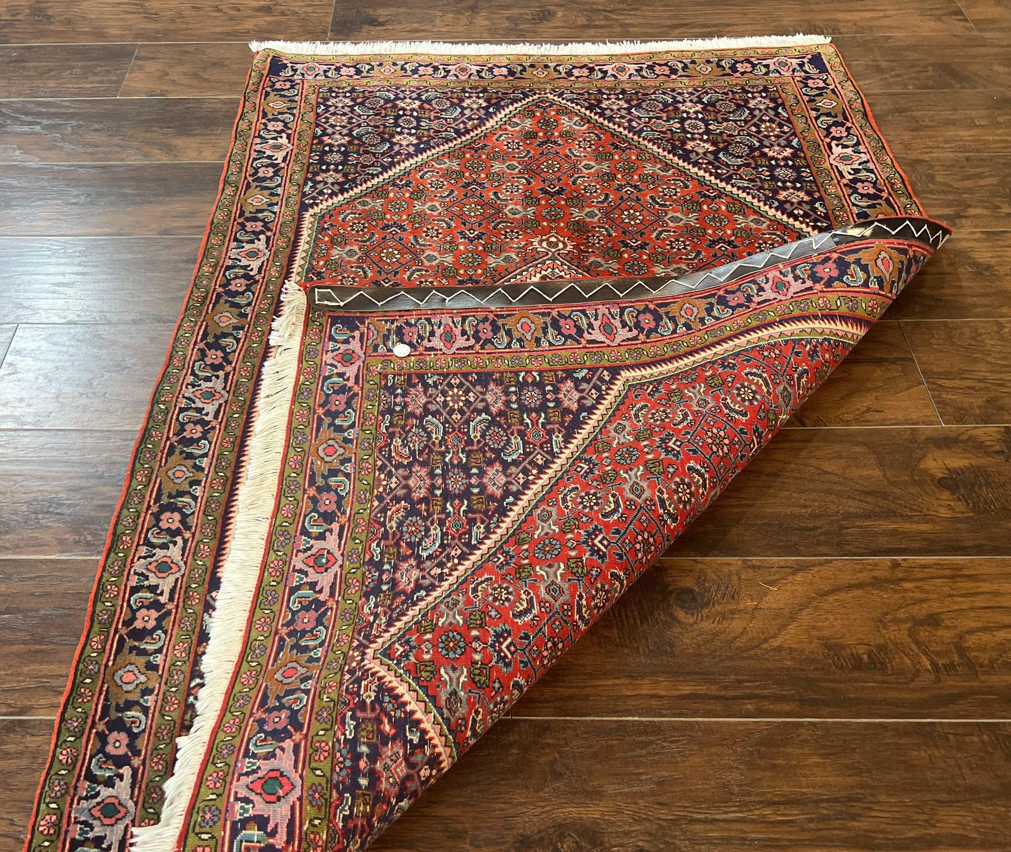 Persian Bidjar Rug 4x5, Finely Hand Knotted Vintage Carpet, Red and Navy Blue, Handmade Wool Rug, 180 KPSI by Jewel Rugs
