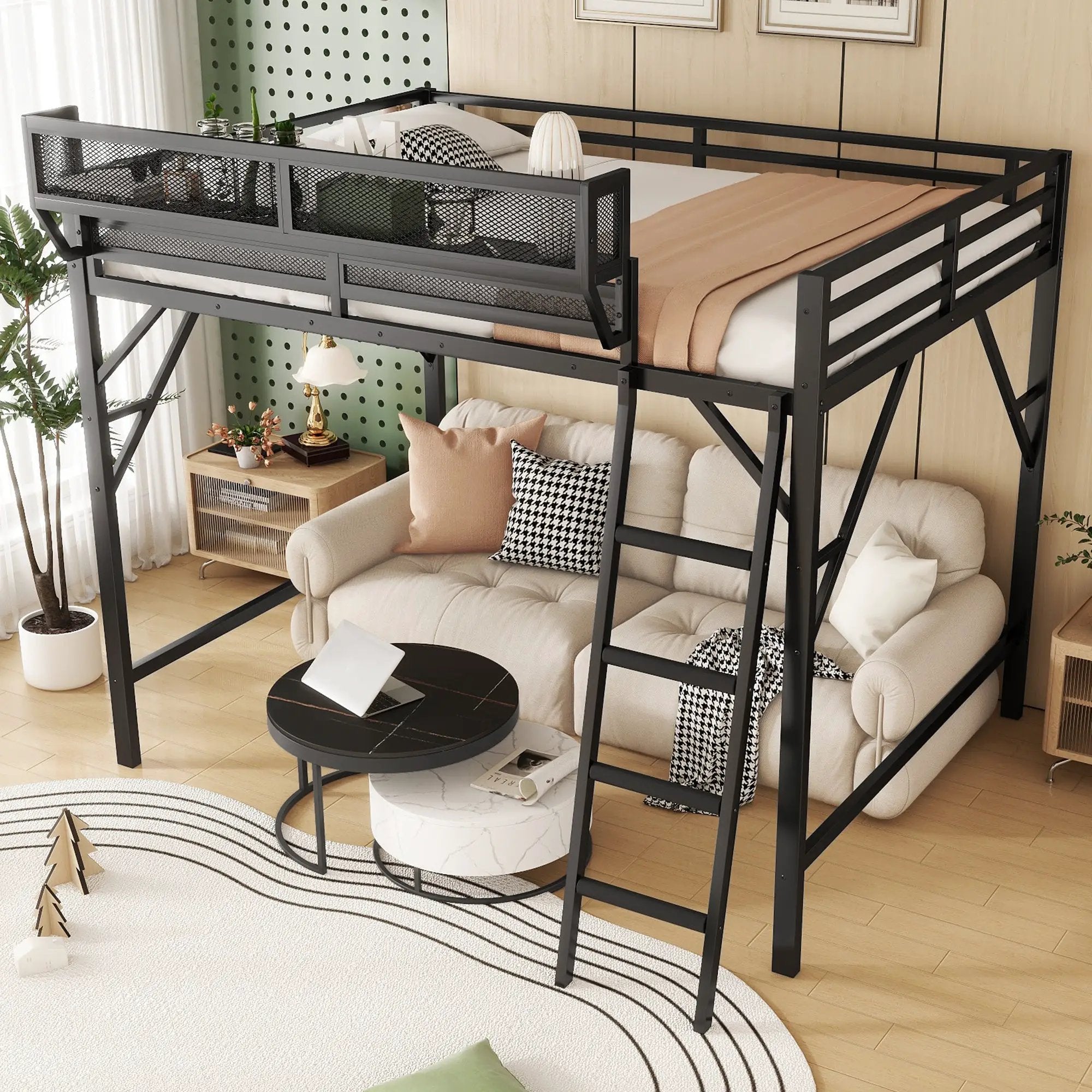 Full Size Loft Bed with Ladder and Storage Shelves by HouseOfZazla
