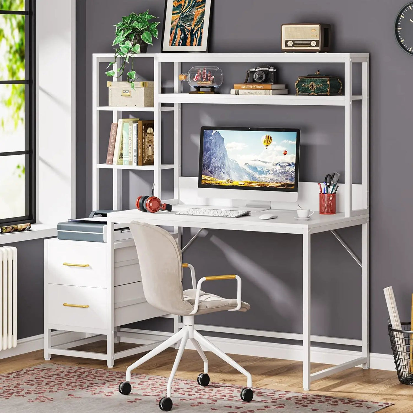 Computer Desk With Hutch, 2 Drawers & Open Shelves by HouseOfZazla