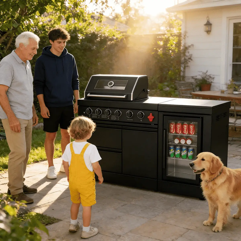 65" 4-Burner 72,000 BTU Black Outdoor Kitchen Island Grill Marble Countertops Wine Cooler by Chery Industrial