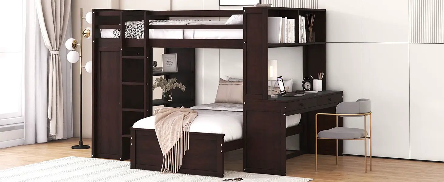 Loft Bed With A Twin Size Standalone Bed, Shelves, Desk, And Wardrobe by HouseOfZazla