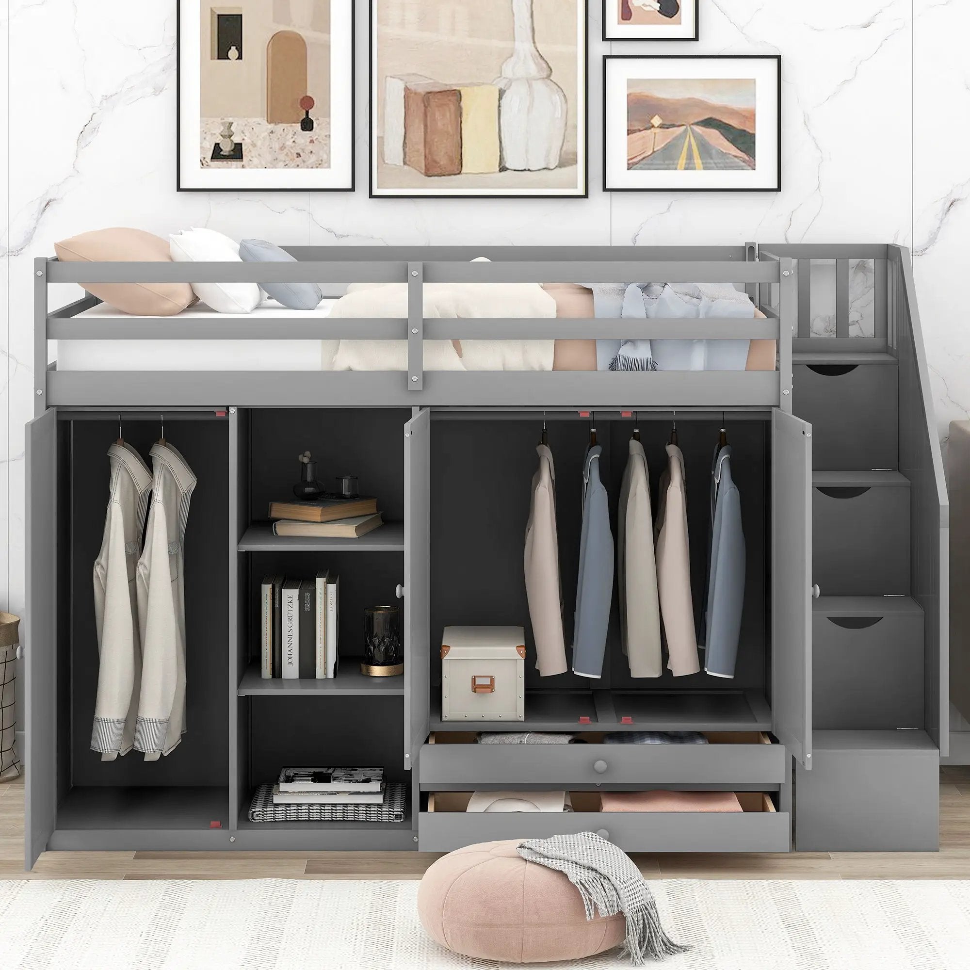 Loft Bed With 3 Shelves, 2 Wardrobes, 2 Drawers, Ladder Storage by Unique Piece Furniture