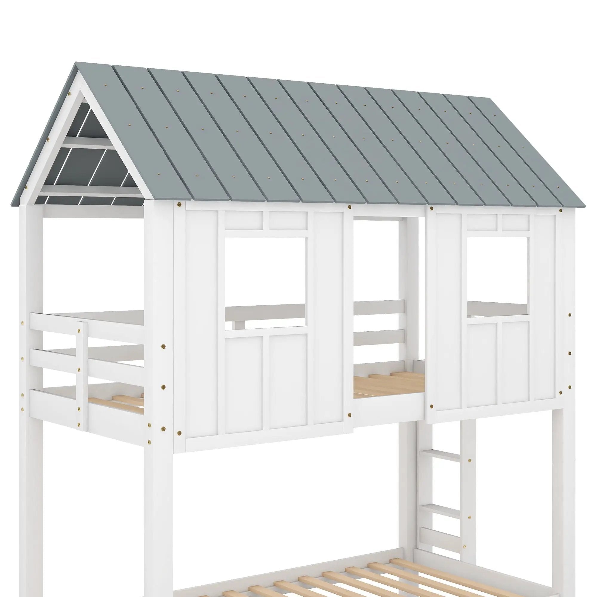 Twin Size House Bunk Bed With Trundle, Roof And Windows - White / Gray by HouseOfZazla