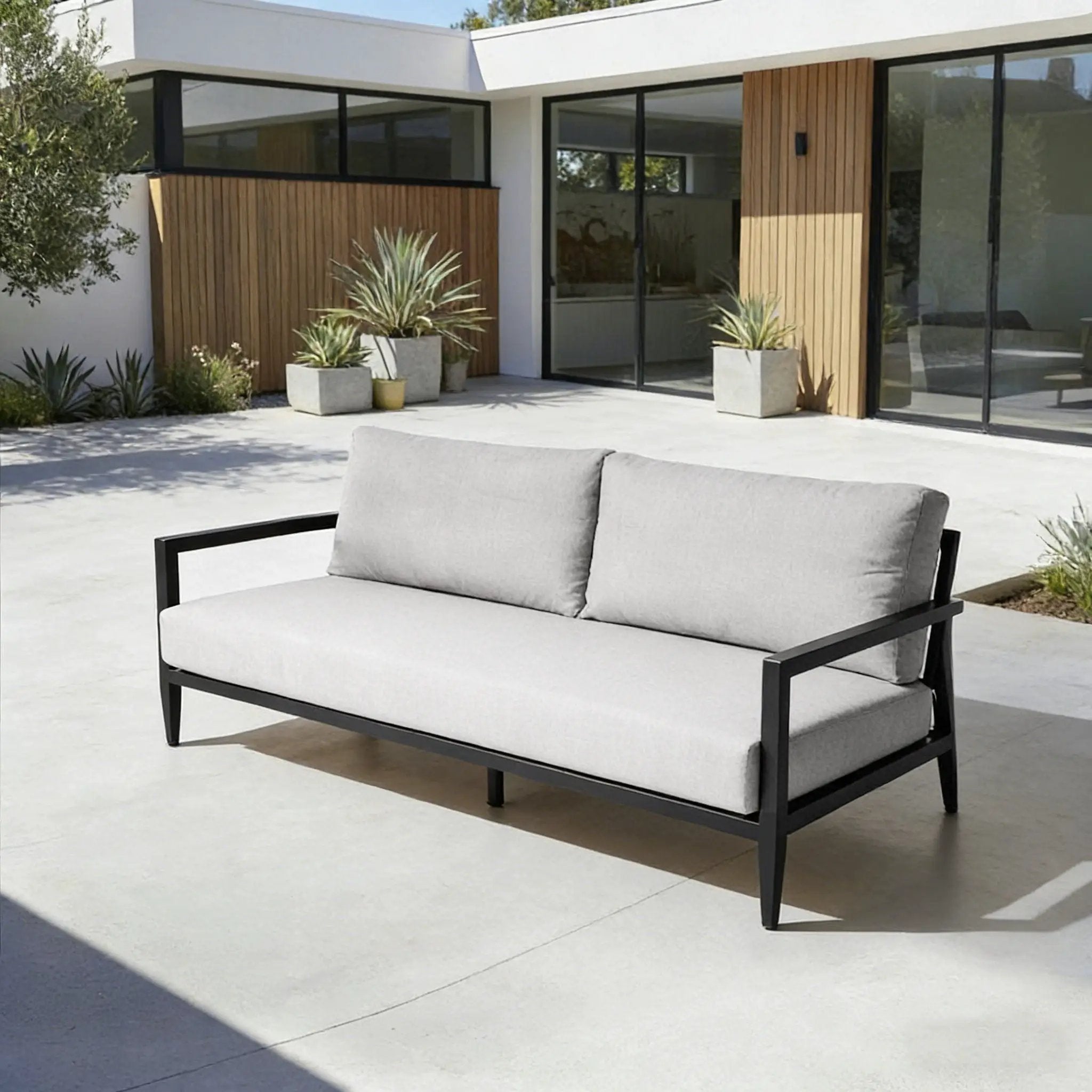 Outdoor Bench Seat Sofa, Sunbrella Cushion, Weather Resistant For Patio - Ember Black by HouseOfZazla