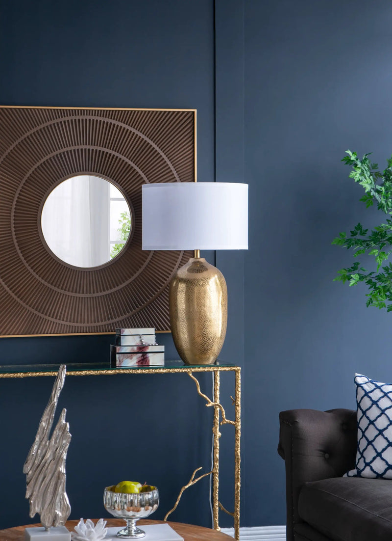 D18x31" Round Aluminum Sheet Gold Table Lamp with White Fabric Shade by HouseOfZazla