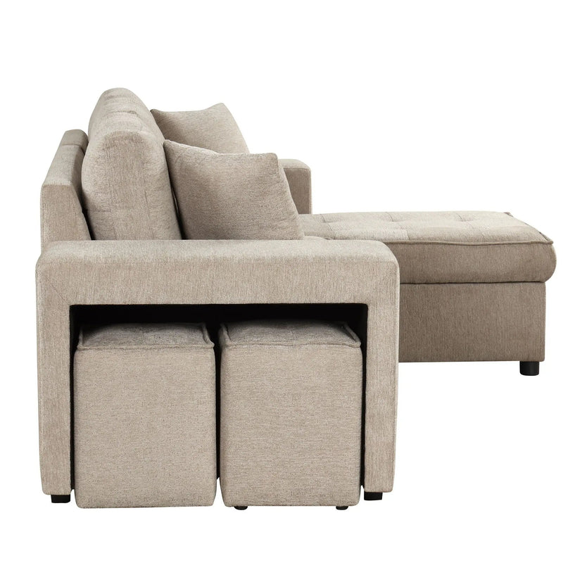 Modern L-Shape 3 Seat Reversible Sectional Couch, Pull Out Sleeper Sofa With Storage Chaise And 2 Stools For Living Room Furniture Set by HouseOfZazla