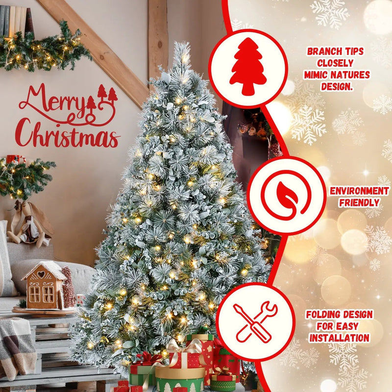 4FT Prelit Flocked Christmas Tree With Pine Needles & Eucalyptus Leaves by HouseOfZazla