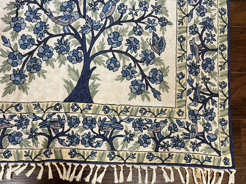 Tree of Life Indian Hand Stitched Rug 4x6, Indian Wall Hanging Rug, Ivory Blue, Silk on Cotton, Vintage by Jewel Rugs