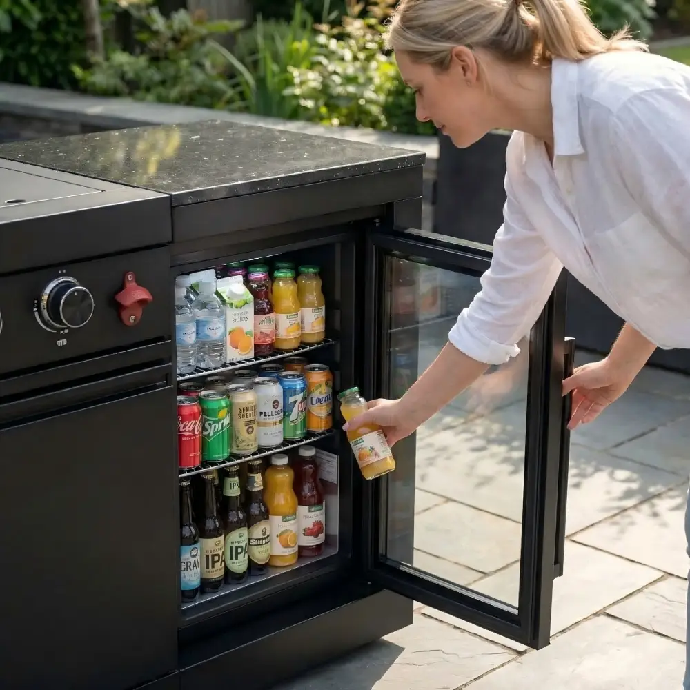 85" 4-Burner 72000 BTU Black Outdoor Kitchen Island Grill with Compact Refrigerator Marble Countertops Sink by Chery Industrial