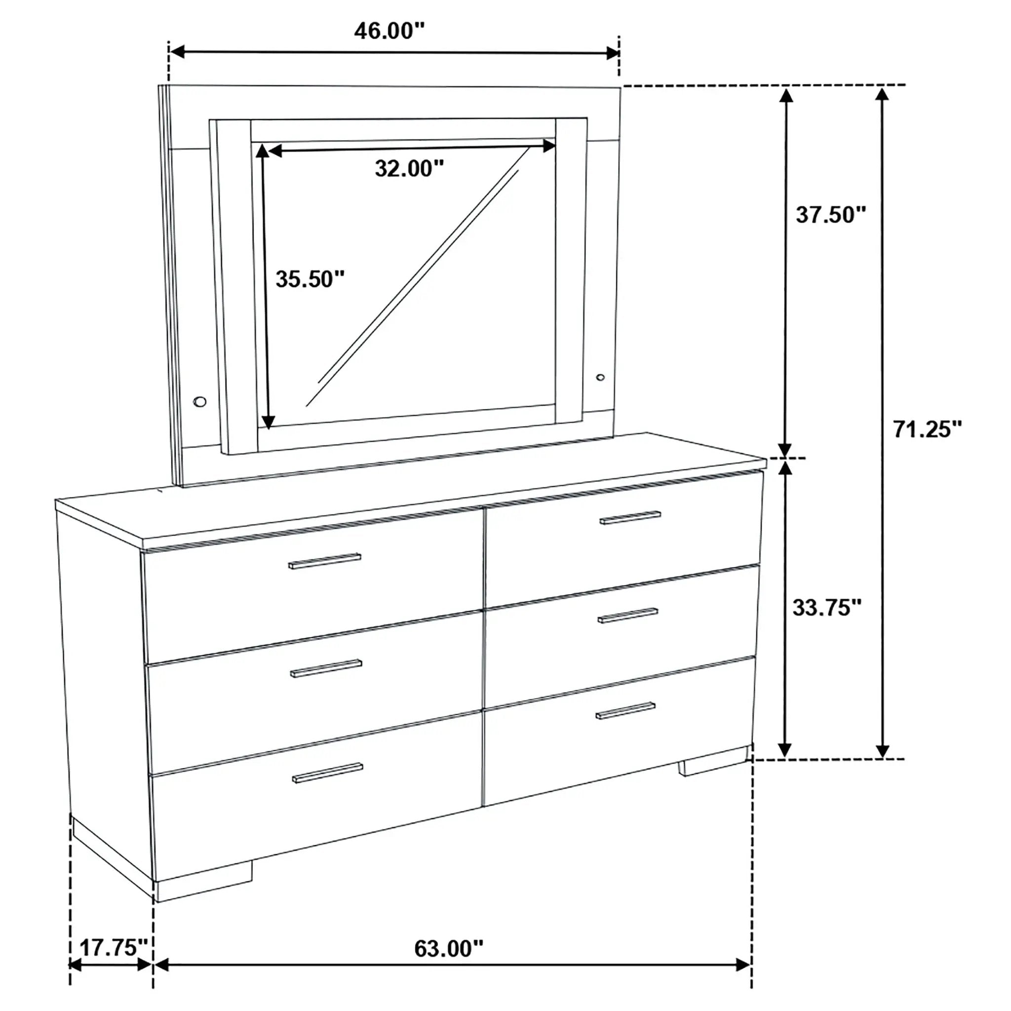 Felicity 6-drawer Dresser with LED Mirror White High Gloss by Unique Piece Furniture