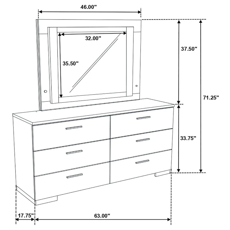 Felicity 6-drawer Dresser with LED Mirror White High Gloss by Unique Piece Furniture