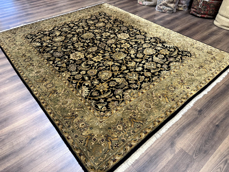 Indo Persian Rug 8x10, Black and Green, Wool, Handmade, Traditional, Floral Allover, Vintage by Jewel Rugs