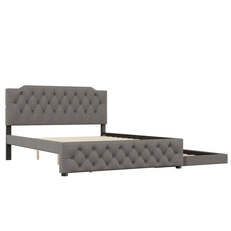 Upholstered Platform Bed With Trundle And 2 Sets Of USB Ports On Each Side, Fabric by HouseOfZazla